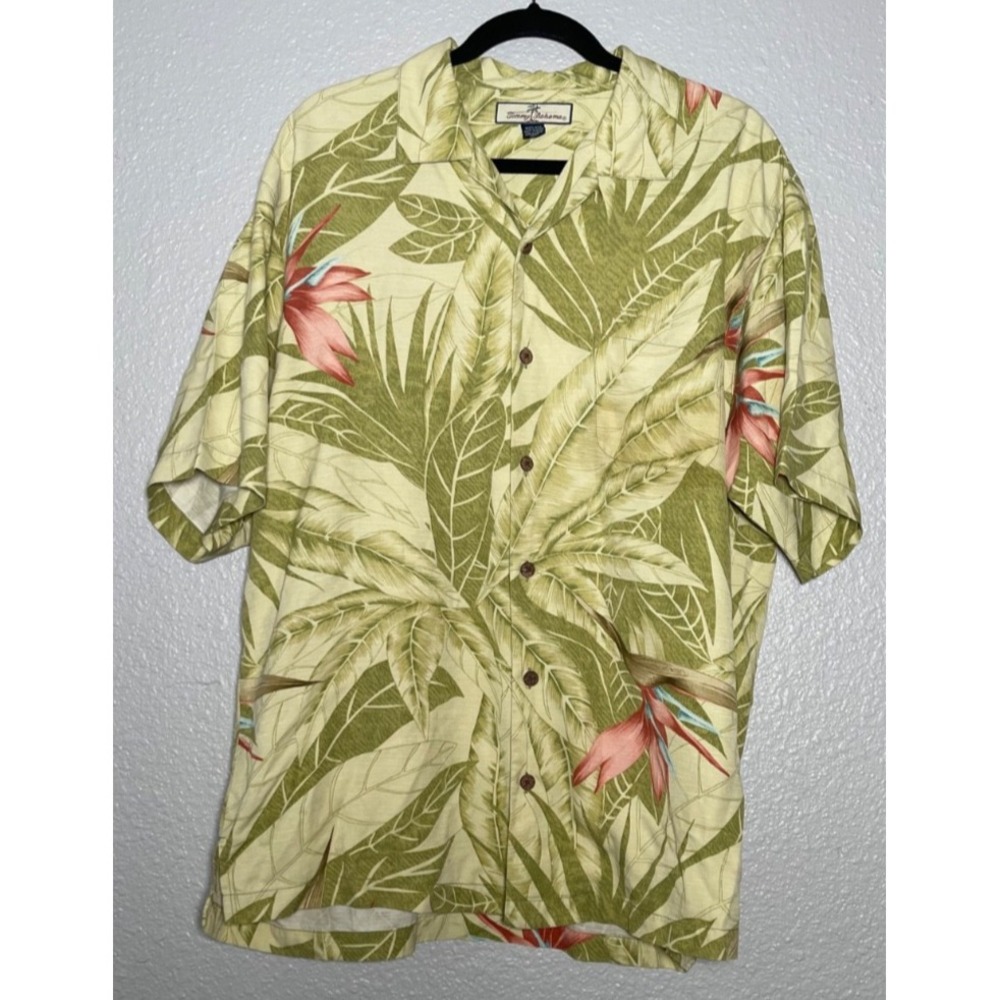 Tommy Bahama Silk Shirt Men's Medium Green Floral Hawaiian Tropical